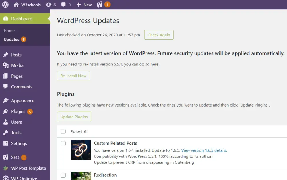 WordPress Updates Page